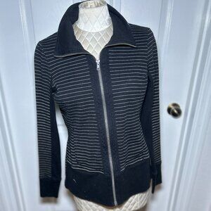 CAbi Full Zip Sweatshirt Black and White Stripes, Belt in Back, Women's Sz Small